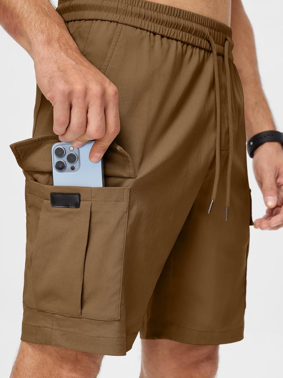imageJMIERR Mens Casual Stretch Cargo Shorts Classic Drawstring Elastic Waist Summer Work Short with Multi PocketsCamel