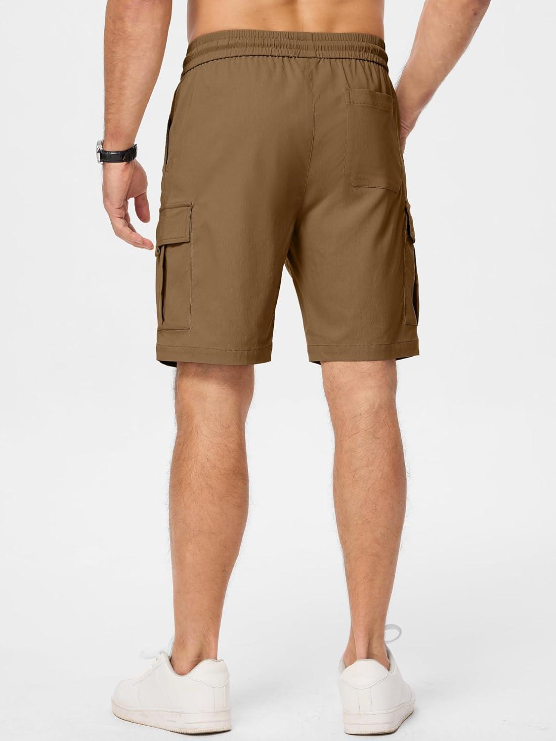imageJMIERR Mens Casual Stretch Cargo Shorts Classic Drawstring Elastic Waist Summer Work Short with Multi PocketsCamel