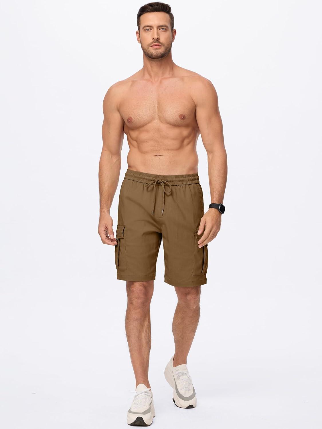 imageJMIERR Mens Casual Stretch Cargo Shorts Classic Drawstring Elastic Waist Summer Work Short with Multi PocketsCamel