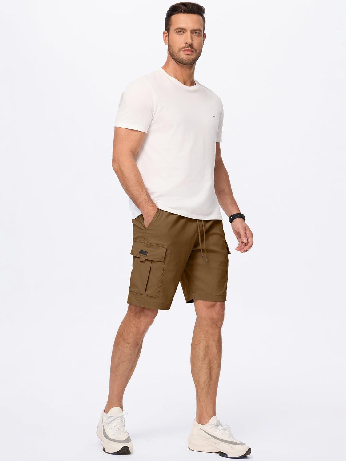 imageJMIERR Mens Casual Stretch Cargo Shorts Classic Drawstring Elastic Waist Summer Work Short with Multi PocketsCamel