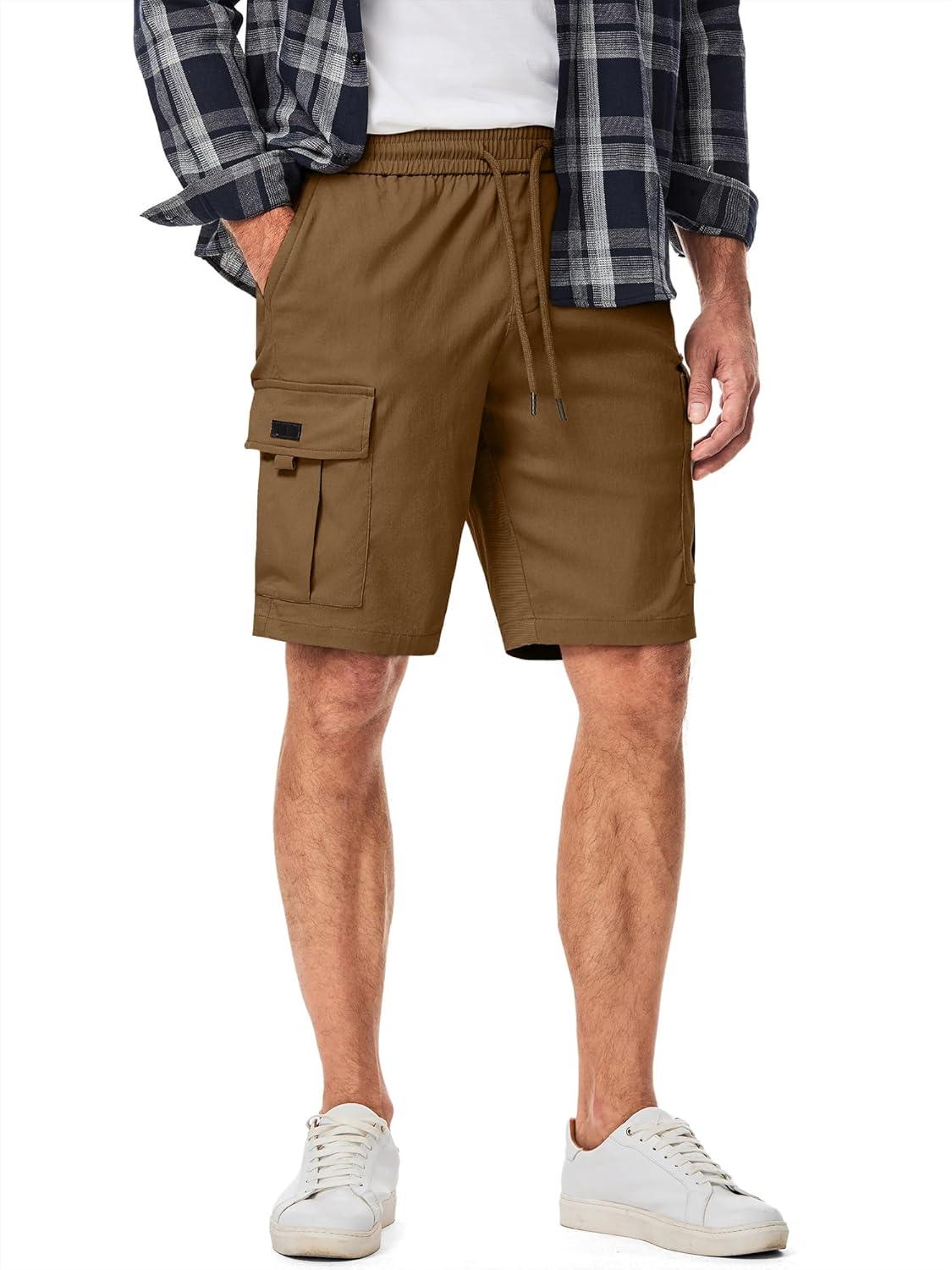 imageJMIERR Mens Casual Stretch Cargo Shorts Classic Drawstring Elastic Waist Summer Work Short with Multi PocketsCamel