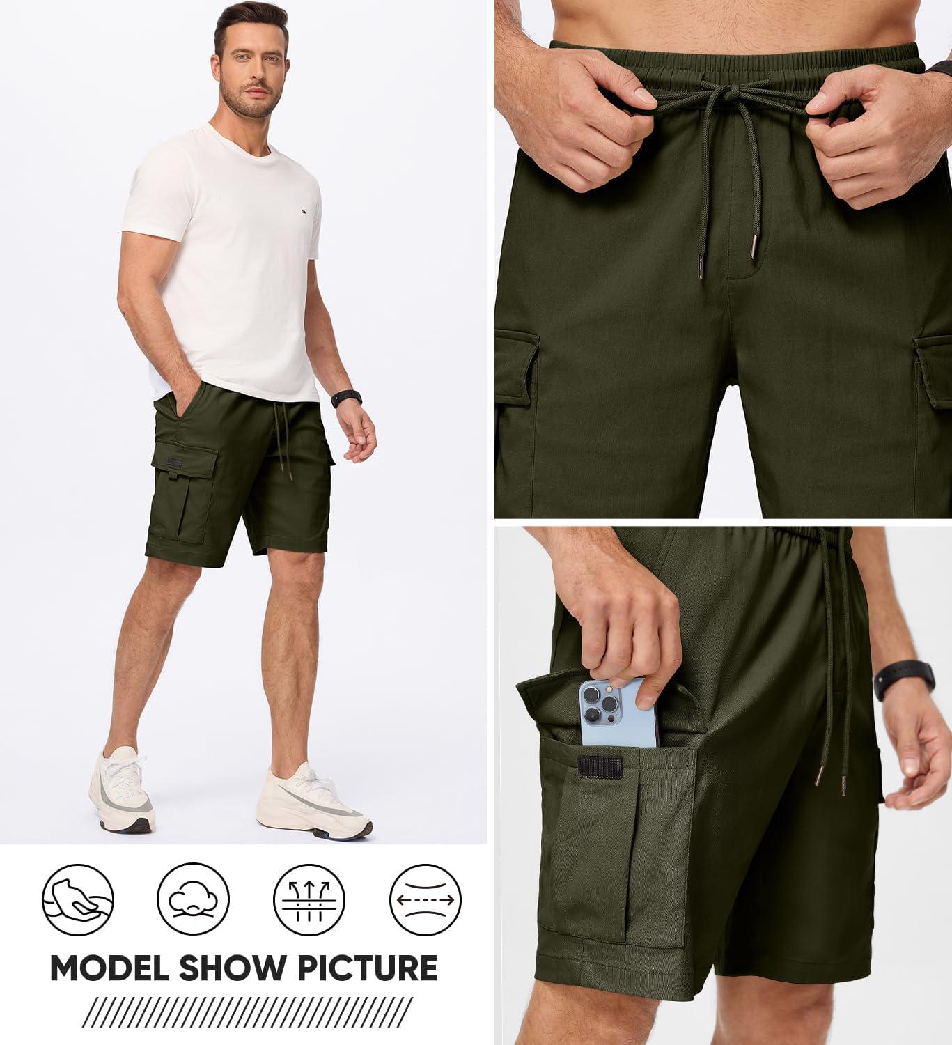 imageJMIERR Mens Casual Stretch Cargo Shorts Classic Drawstring Elastic Waist Summer Work Short with Multi PocketsGreen