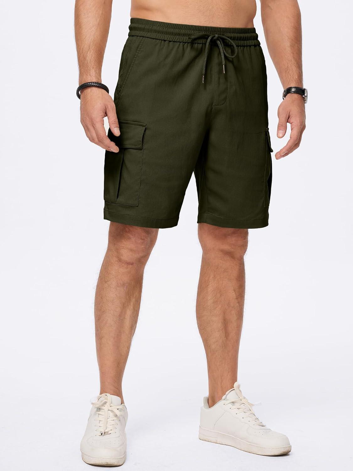imageJMIERR Mens Casual Stretch Cargo Shorts Classic Drawstring Elastic Waist Summer Work Short with Multi PocketsGreen