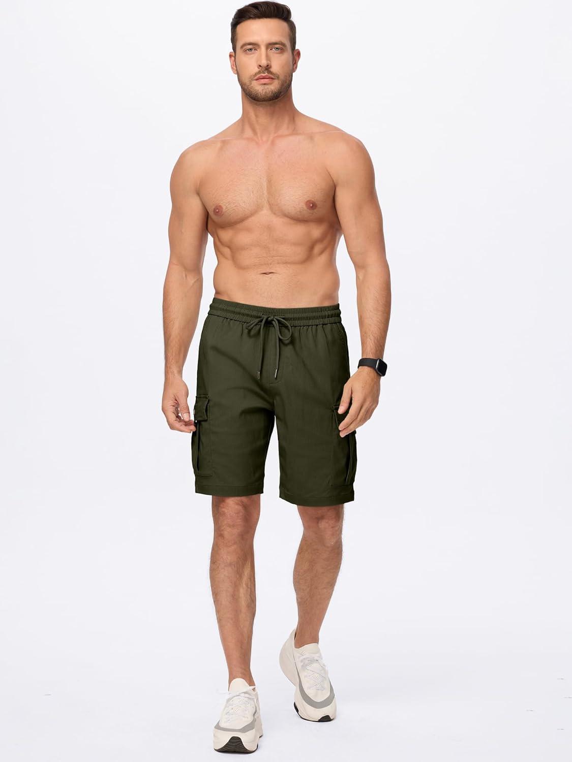 imageJMIERR Mens Casual Stretch Cargo Shorts Classic Drawstring Elastic Waist Summer Work Short with Multi PocketsGreen