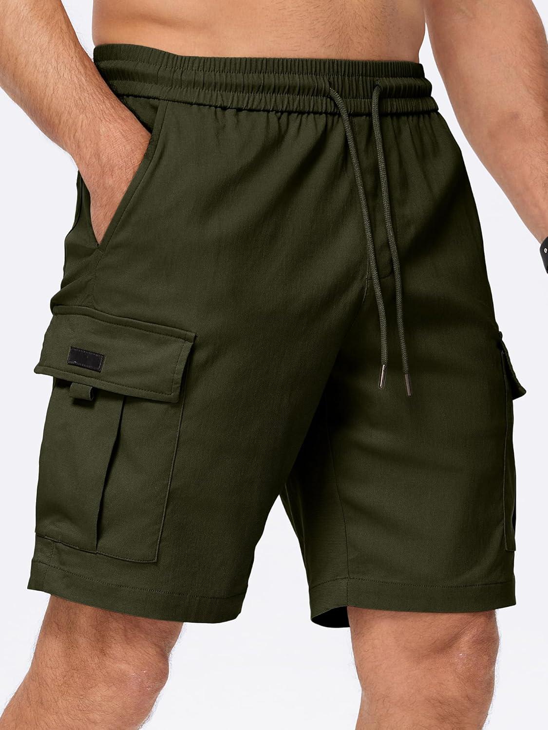 imageJMIERR Mens Casual Stretch Cargo Shorts Classic Drawstring Elastic Waist Summer Work Short with Multi PocketsGreen