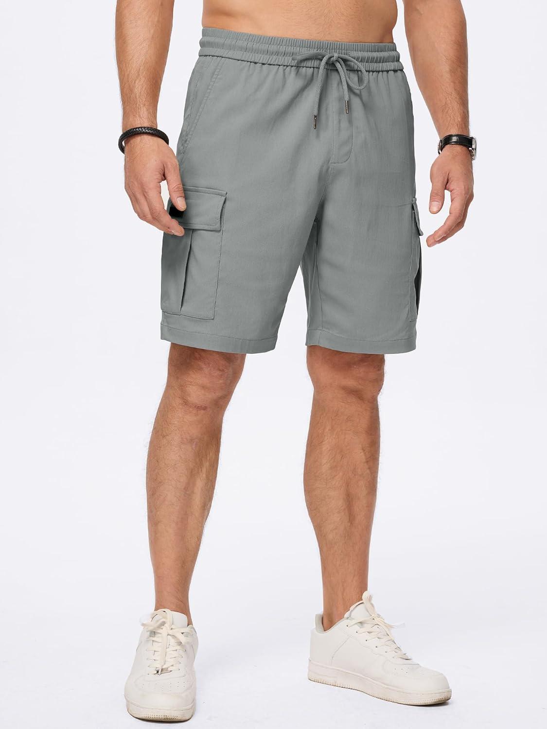 imageJMIERR Mens Casual Stretch Cargo Shorts Classic Drawstring Elastic Waist Summer Work Short with Multi PocketsLight Grey