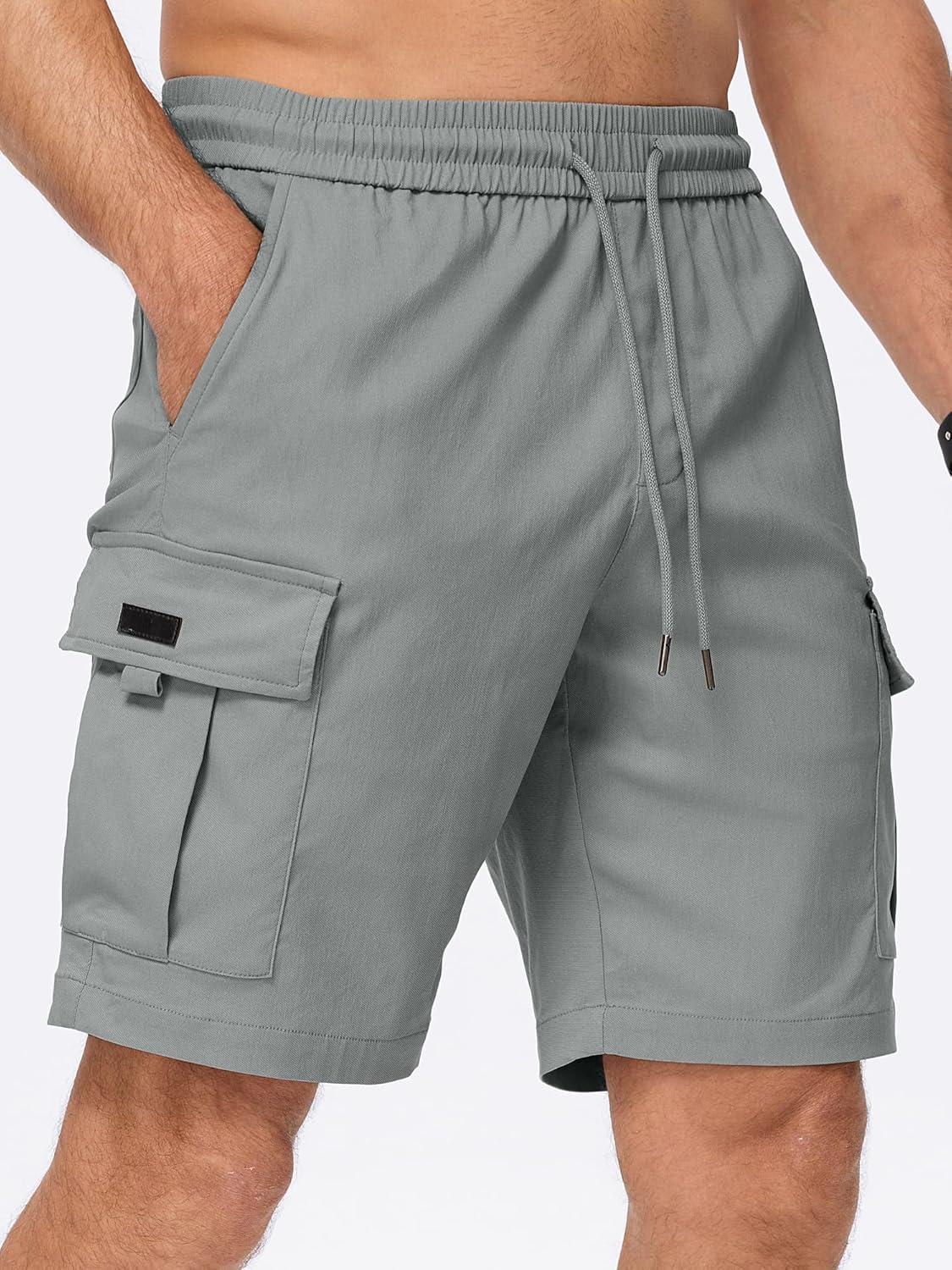 imageJMIERR Mens Casual Stretch Cargo Shorts Classic Drawstring Elastic Waist Summer Work Short with Multi PocketsLight Grey