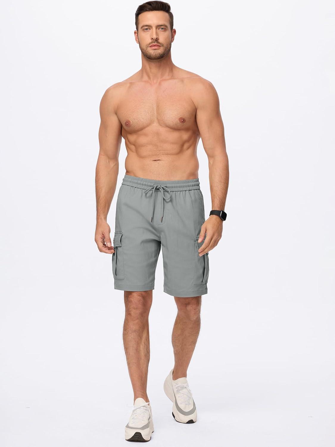 imageJMIERR Mens Casual Stretch Cargo Shorts Classic Drawstring Elastic Waist Summer Work Short with Multi PocketsLight Grey