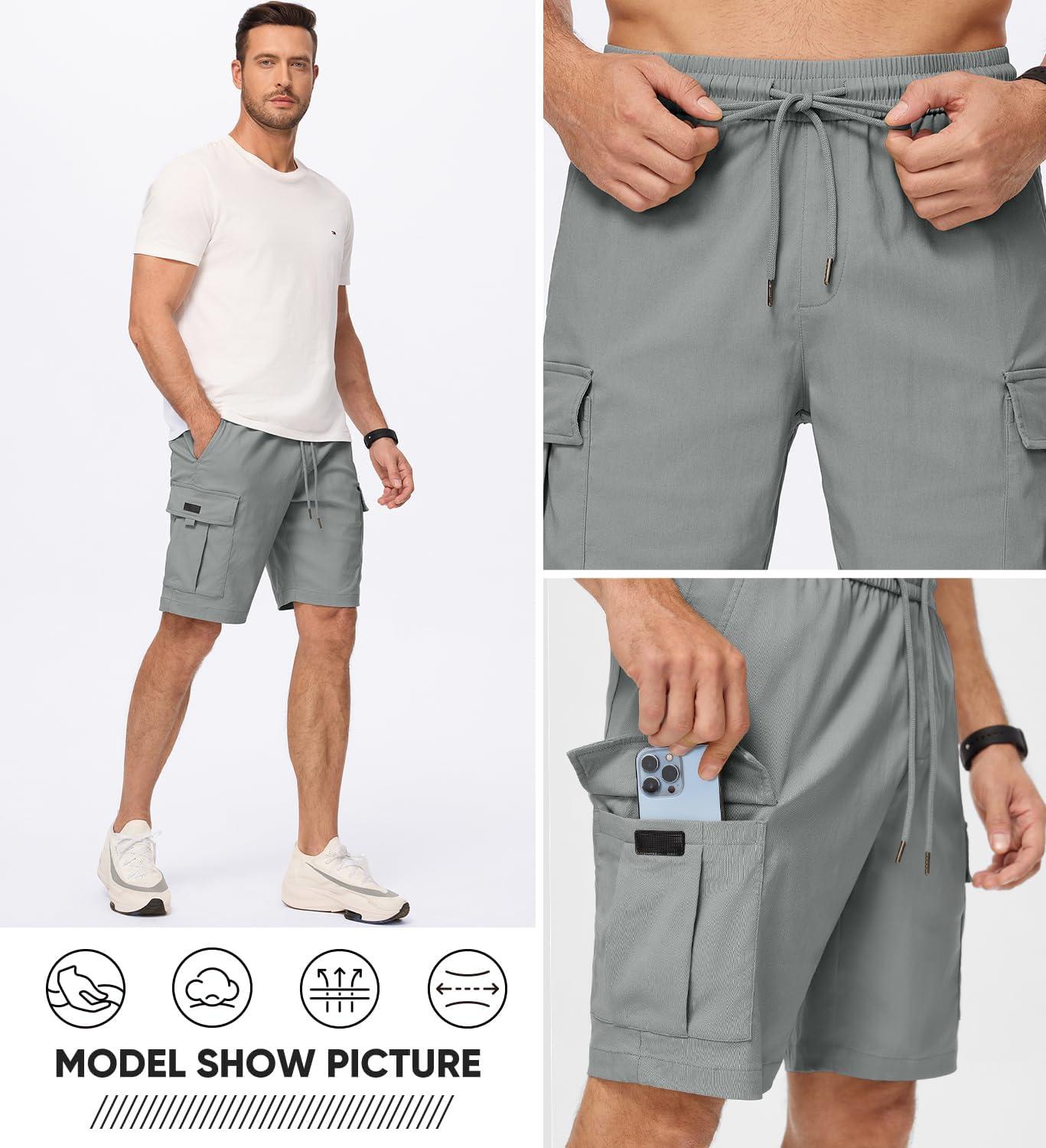 imageJMIERR Mens Casual Stretch Cargo Shorts Classic Drawstring Elastic Waist Summer Work Short with Multi PocketsLight Grey