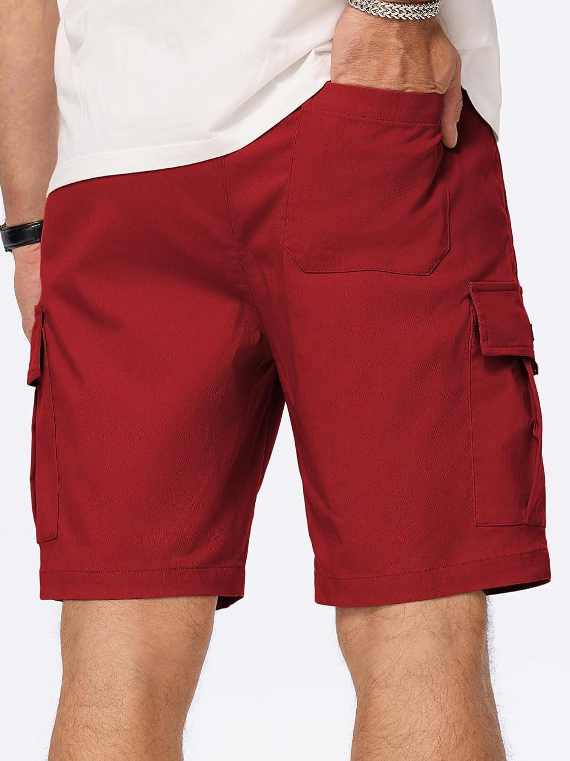 imageJMIERR Mens Casual Stretch Cargo Shorts Classic Drawstring Elastic Waist Summer Work Short with Multi PocketsRed