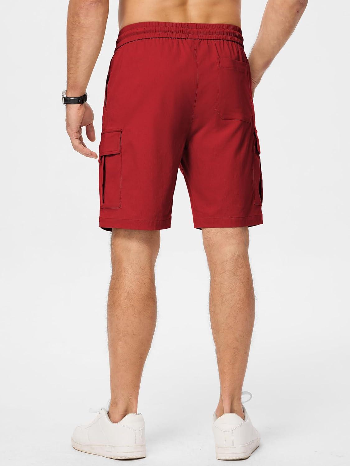 imageJMIERR Mens Casual Stretch Cargo Shorts Classic Drawstring Elastic Waist Summer Work Short with Multi PocketsRed
