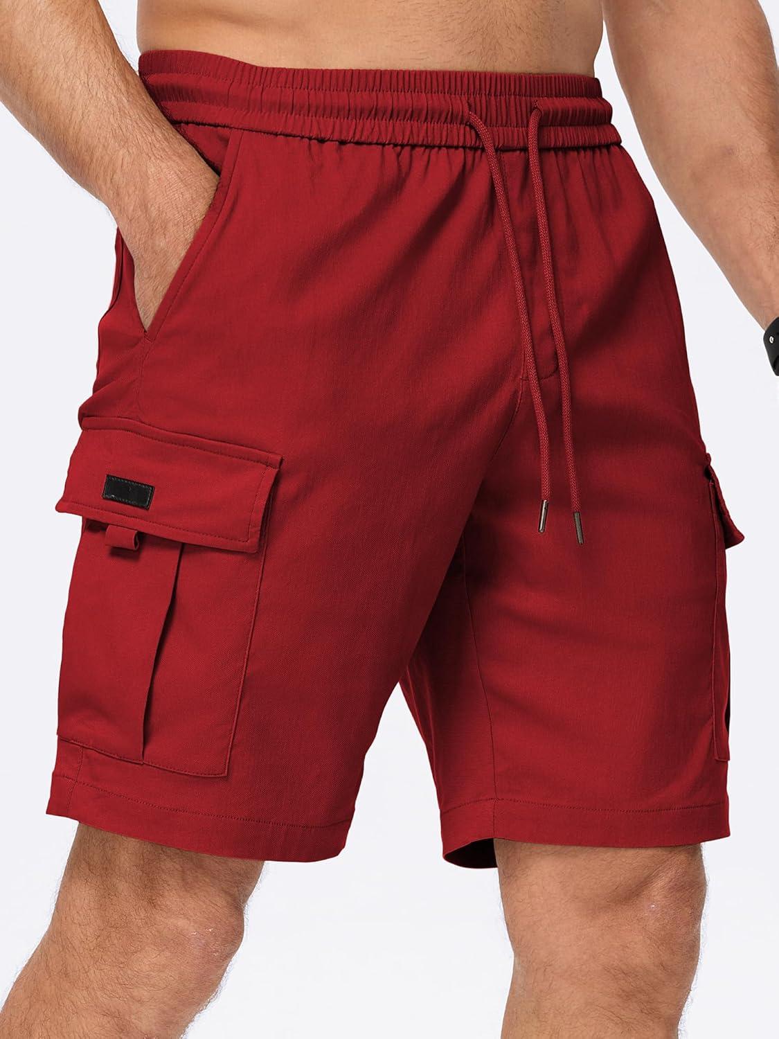 imageJMIERR Mens Casual Stretch Cargo Shorts Classic Drawstring Elastic Waist Summer Work Short with Multi PocketsRed