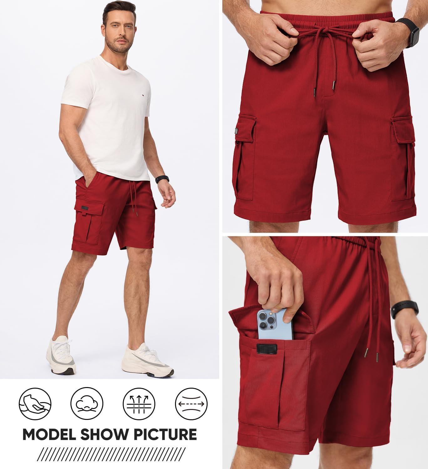 imageJMIERR Mens Casual Stretch Cargo Shorts Classic Drawstring Elastic Waist Summer Work Short with Multi PocketsRed