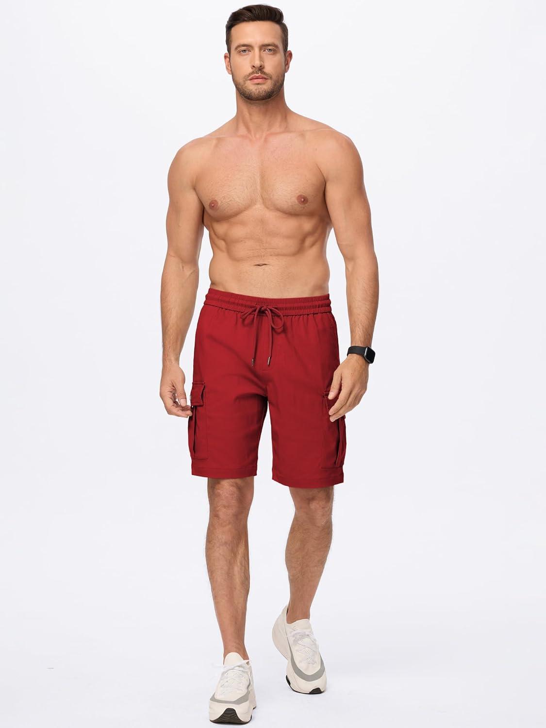 imageJMIERR Mens Casual Stretch Cargo Shorts Classic Drawstring Elastic Waist Summer Work Short with Multi PocketsRed