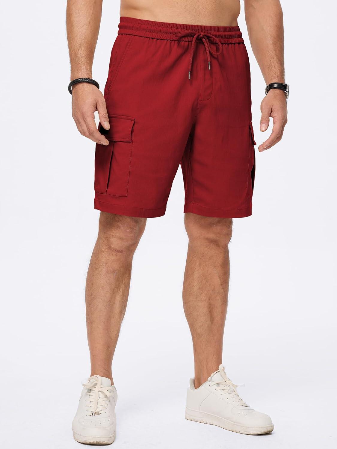 imageJMIERR Mens Casual Stretch Cargo Shorts Classic Drawstring Elastic Waist Summer Work Short with Multi PocketsRed