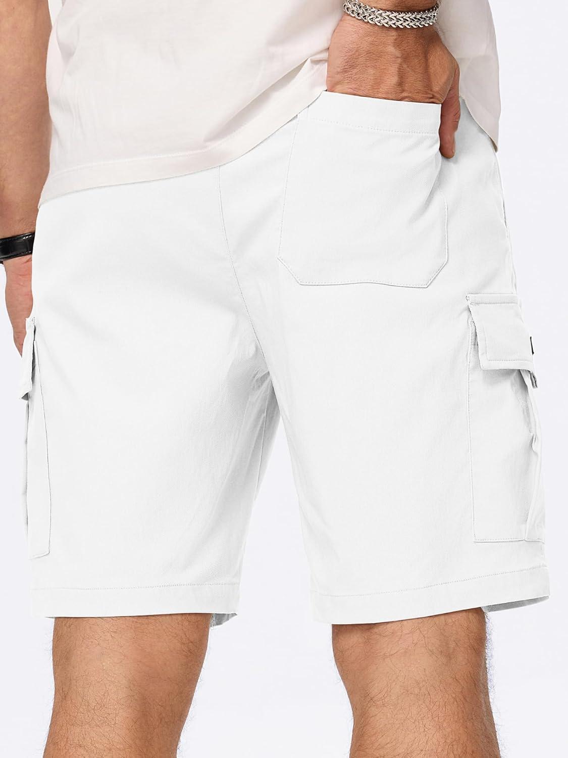 imageJMIERR Mens Casual Stretch Cargo Shorts Classic Drawstring Elastic Waist Summer Work Short with Multi PocketsWhite