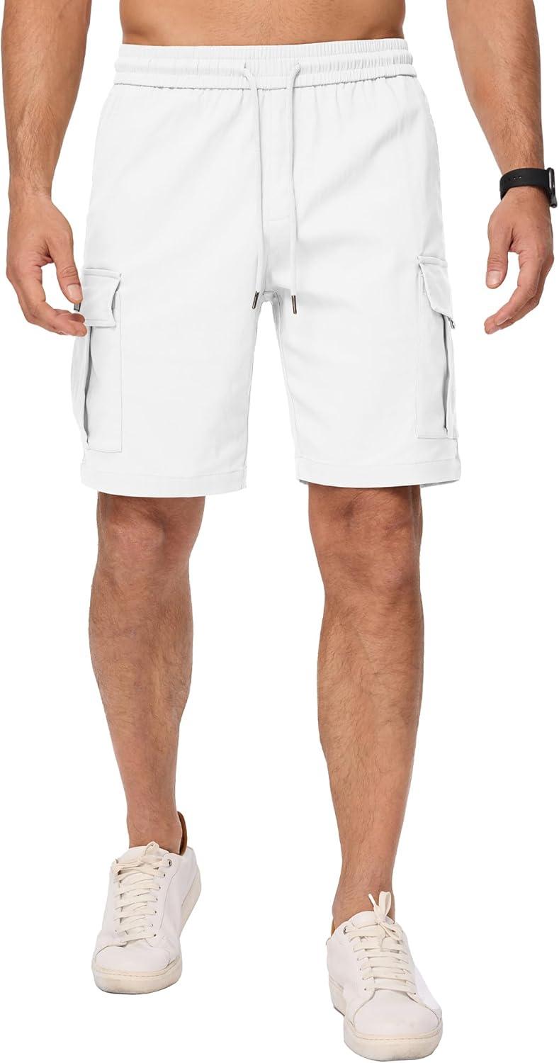 imageJMIERR Mens Casual Stretch Cargo Shorts Classic Drawstring Elastic Waist Summer Work Short with Multi PocketsWhite