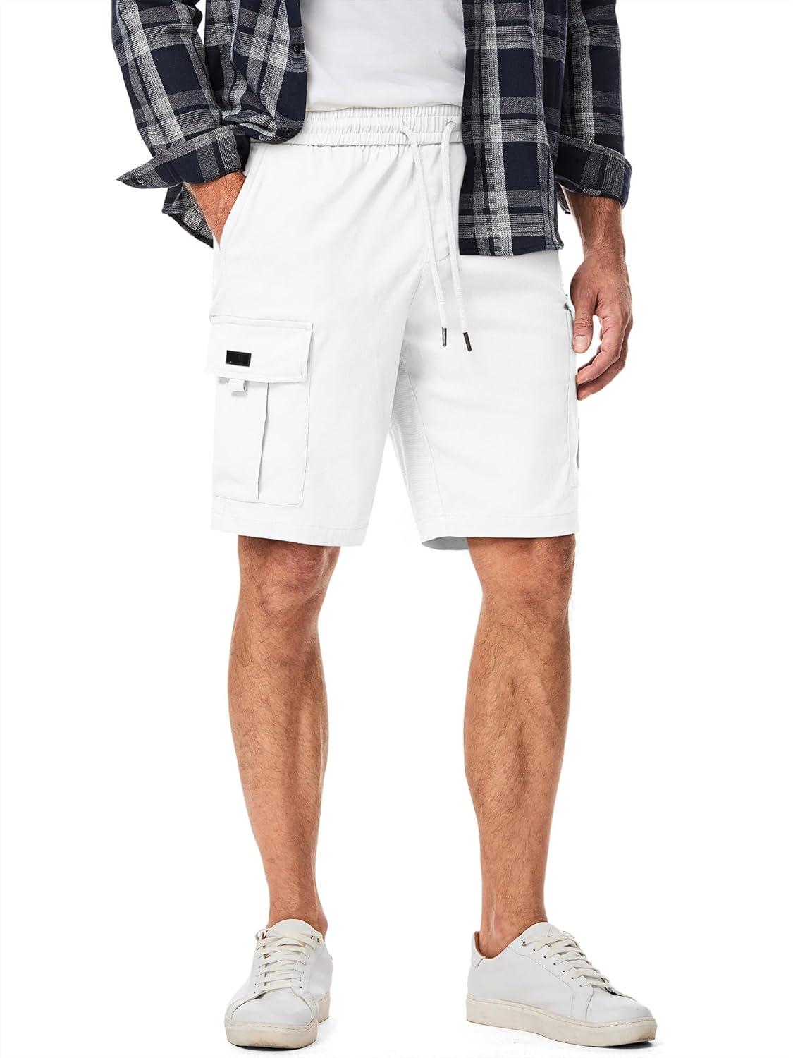 imageJMIERR Mens Casual Stretch Cargo Shorts Classic Drawstring Elastic Waist Summer Work Short with Multi PocketsWhite