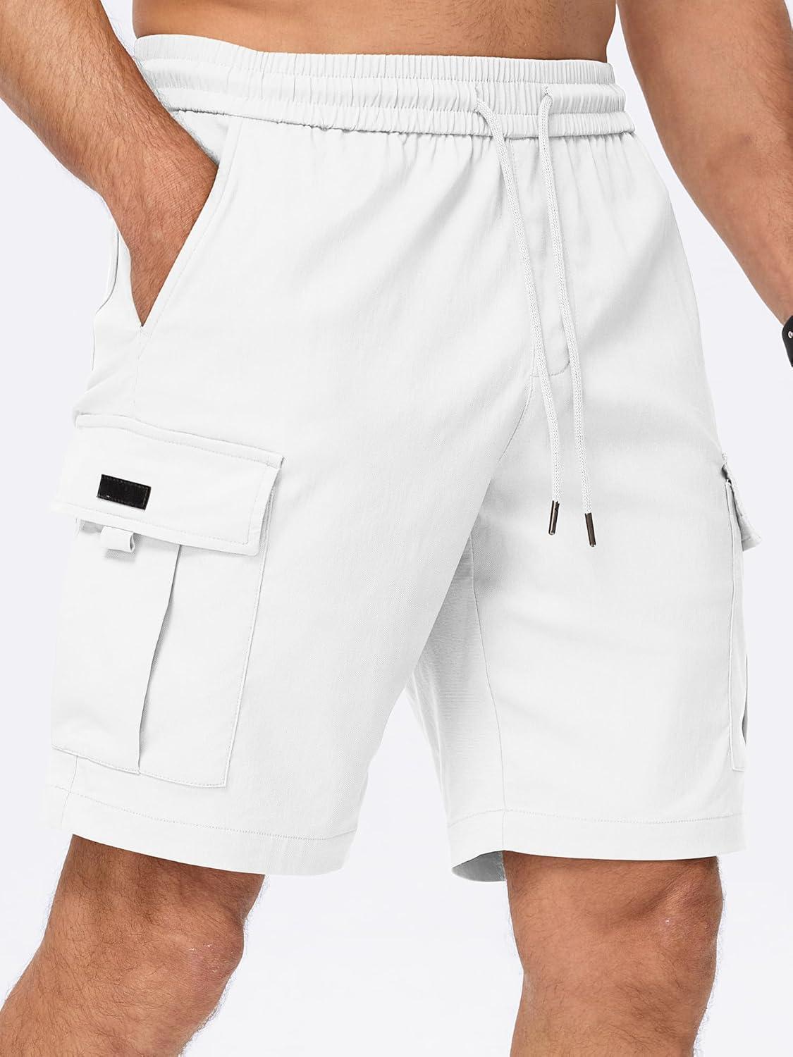 imageJMIERR Mens Casual Stretch Cargo Shorts Classic Drawstring Elastic Waist Summer Work Short with Multi PocketsWhite