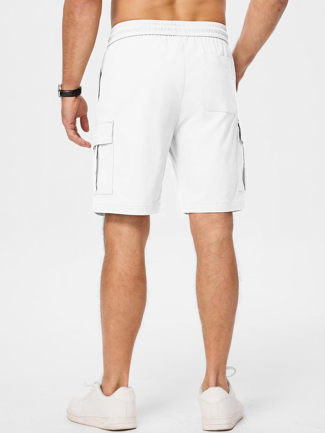 imageJMIERR Mens Casual Stretch Cargo Shorts Classic Drawstring Elastic Waist Summer Work Short with Multi PocketsWhite