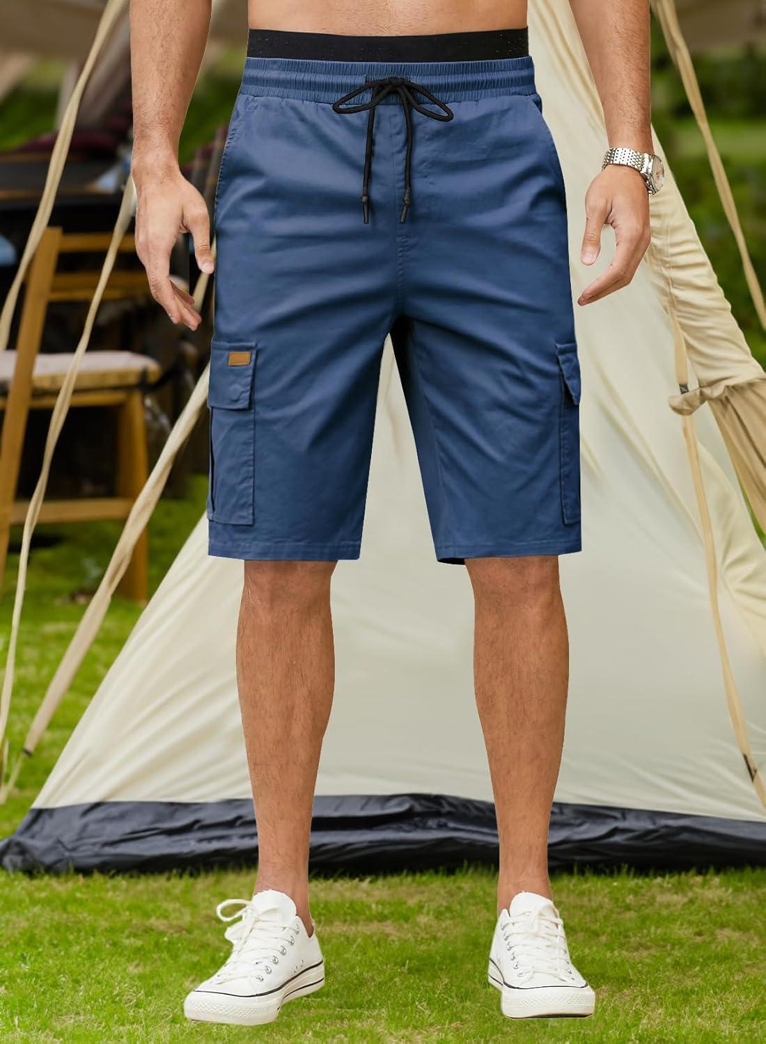 imageJMIERR Mens Casual Twill Cargo Shorts Cotton Drawstring Classic Cargo Stretch Short with 6 PocketsB Blue