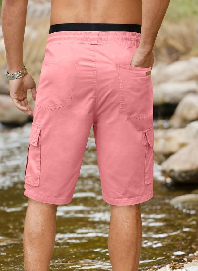 imageJMIERR Mens Casual Twill Cargo Shorts Cotton Drawstring Classic Cargo Stretch Short with 6 PocketsPink