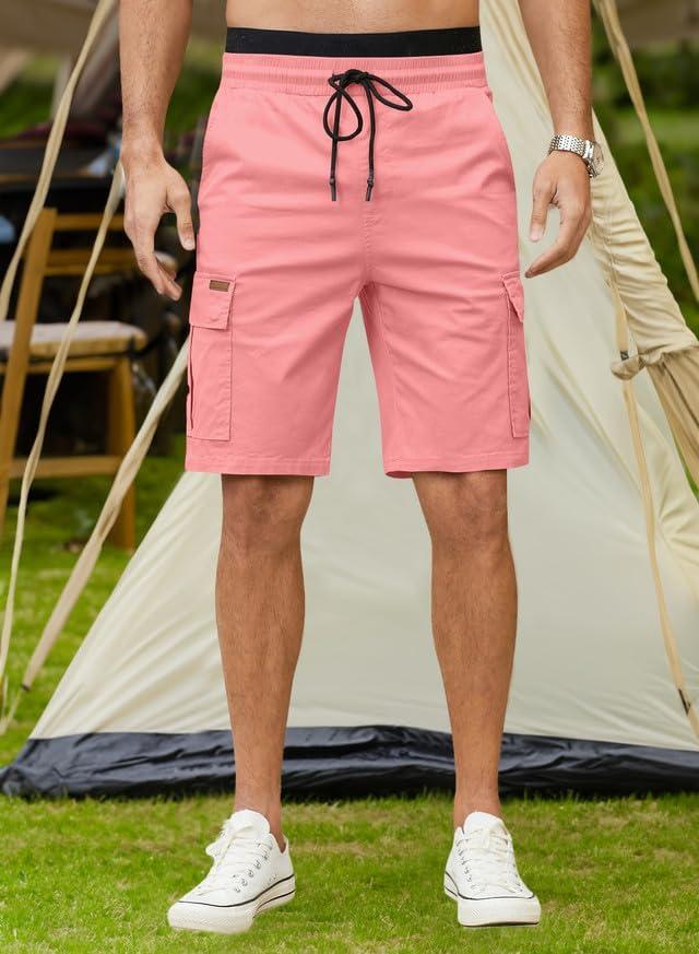 imageJMIERR Mens Casual Twill Cargo Shorts Cotton Drawstring Classic Cargo Stretch Short with 6 PocketsPink