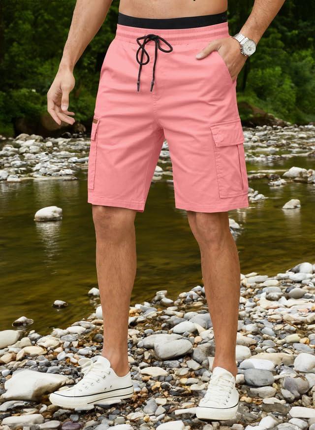 imageJMIERR Mens Casual Twill Cargo Shorts Cotton Drawstring Classic Cargo Stretch Short with 6 PocketsPink