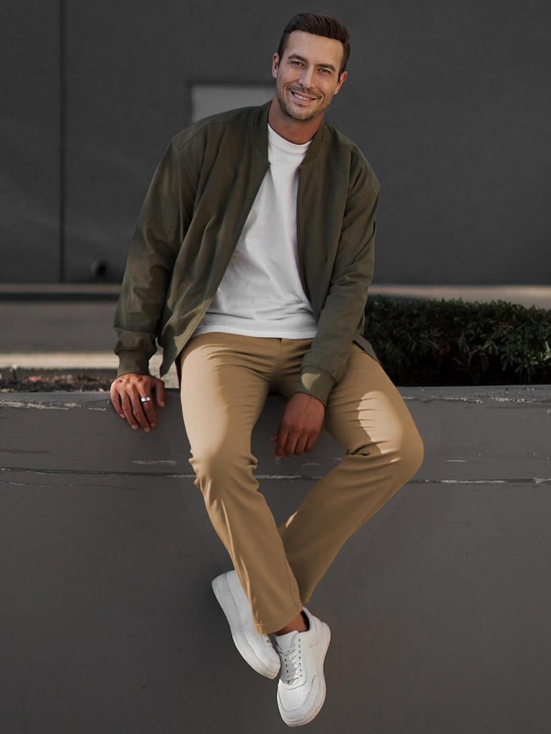 imageJMIERR Mens Chino Pants Casual Stretch Waist Tapered Trousers with PocketsA Khaki