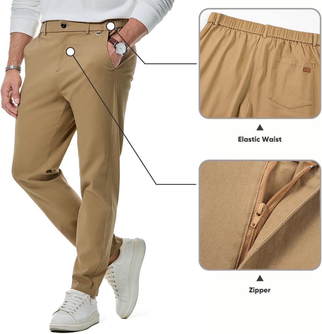 imageJMIERR Mens Chino Pants Casual Stretch Waist Tapered Trousers with PocketsA Khaki
