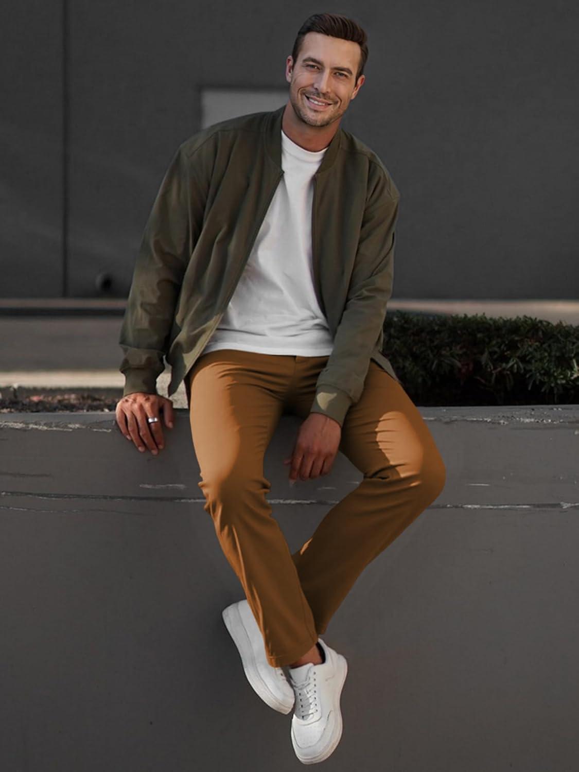 imageJMIERR Mens Chino Pants Casual Stretch Waist Tapered Trousers with PocketsCamel Brown