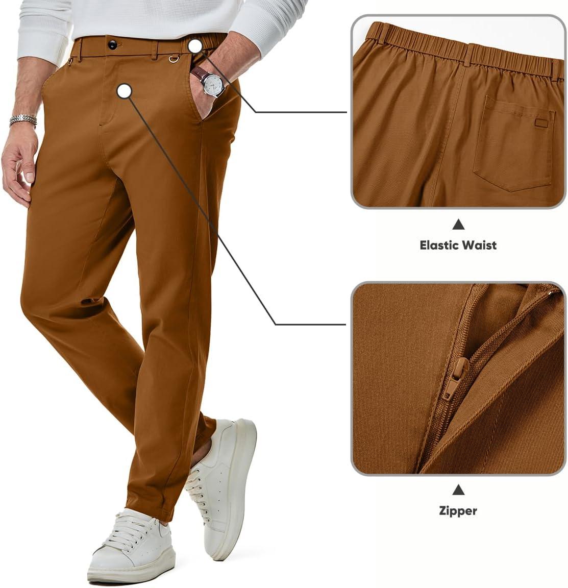 imageJMIERR Mens Chino Pants Casual Stretch Waist Tapered Trousers with PocketsCamel Brown