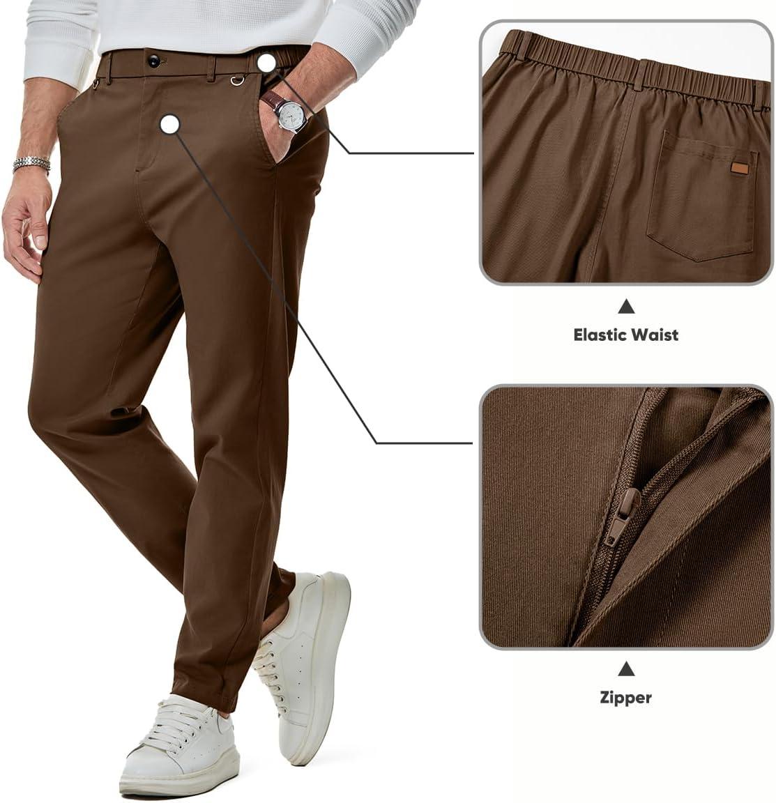 imageJMIERR Mens Chino Pants Casual Stretch Waist Tapered Trousers with PocketsCoffee