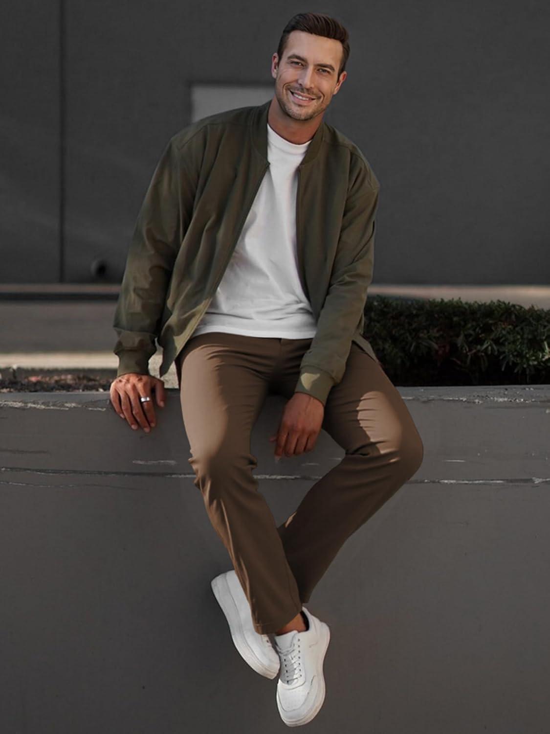 imageJMIERR Mens Chino Pants Casual Stretch Waist Tapered Trousers with PocketsCoffee