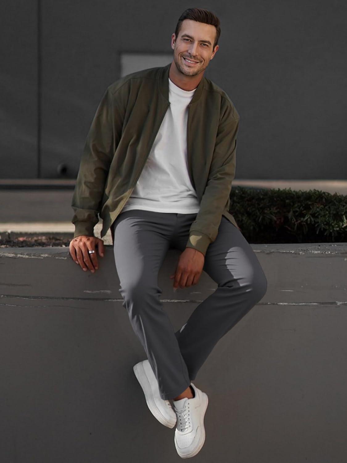 imageJMIERR Mens Chino Pants Casual Stretch Waist Tapered Trousers with PocketsDark Grey