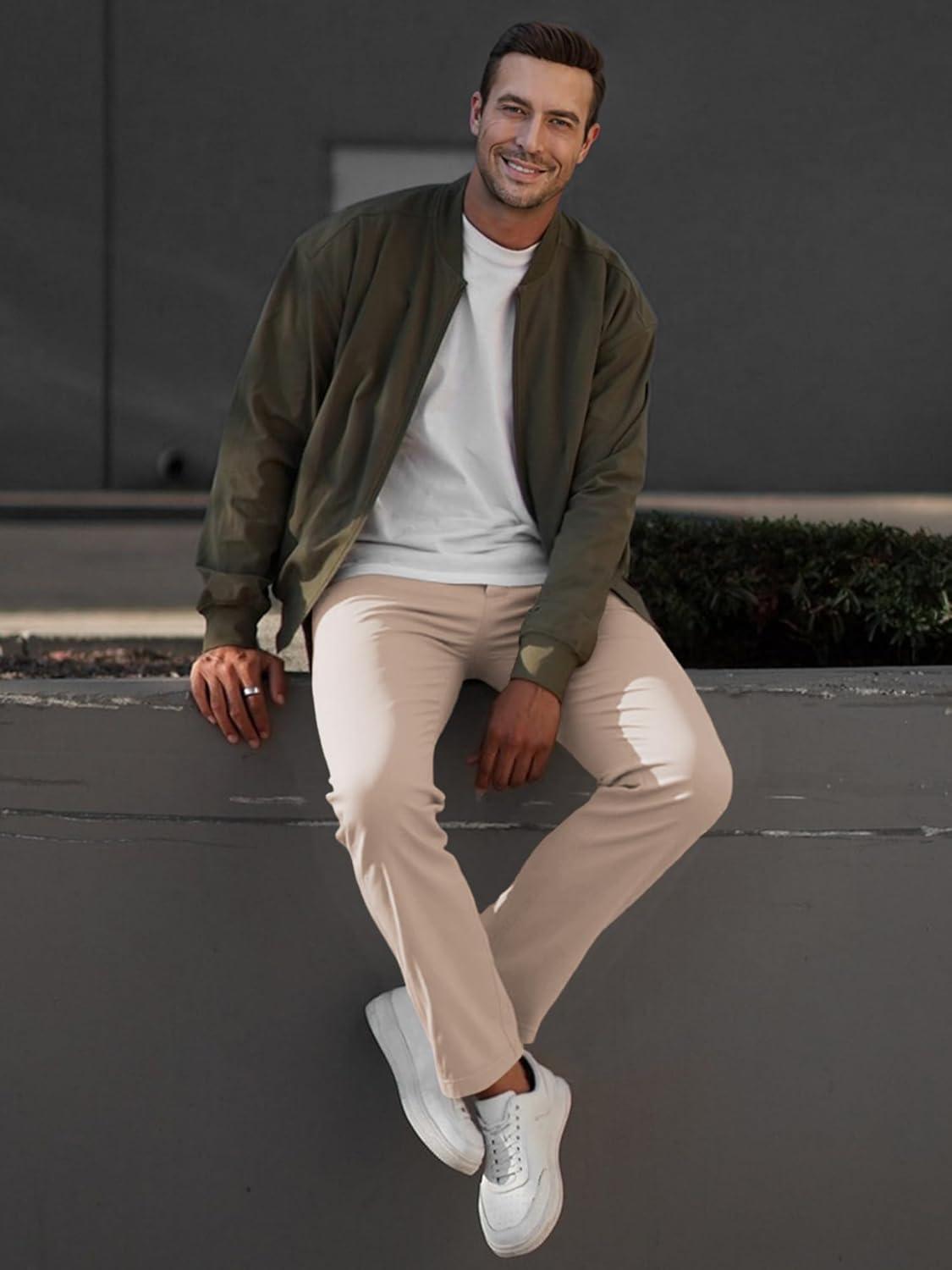 imageJMIERR Mens Chino Pants Casual Stretch Waist Tapered Trousers with PocketsE Apricot