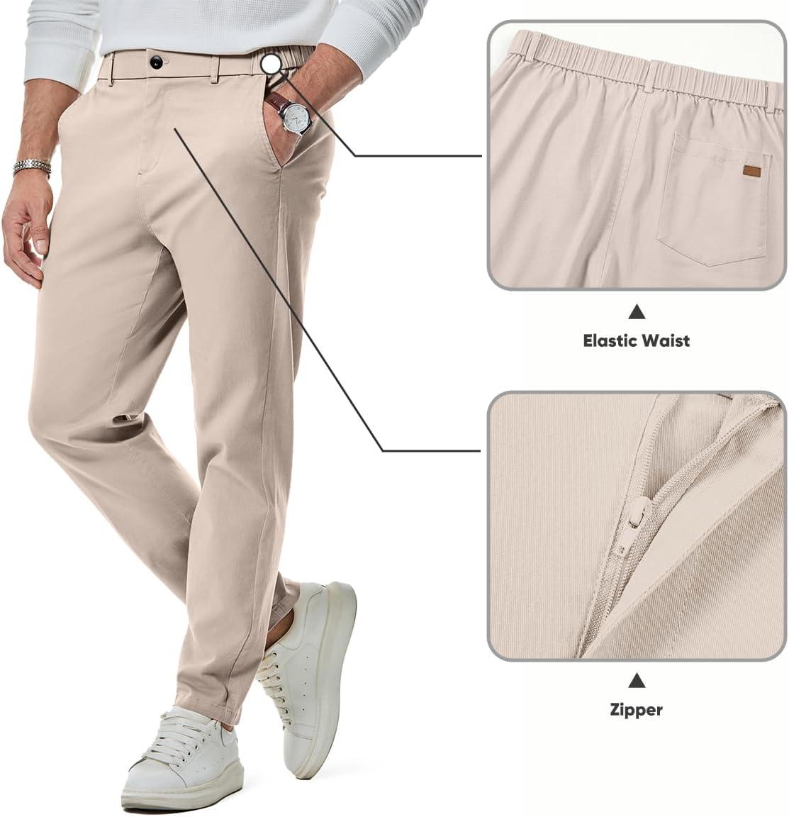 imageJMIERR Mens Chino Pants Casual Stretch Waist Tapered Trousers with PocketsE Apricot