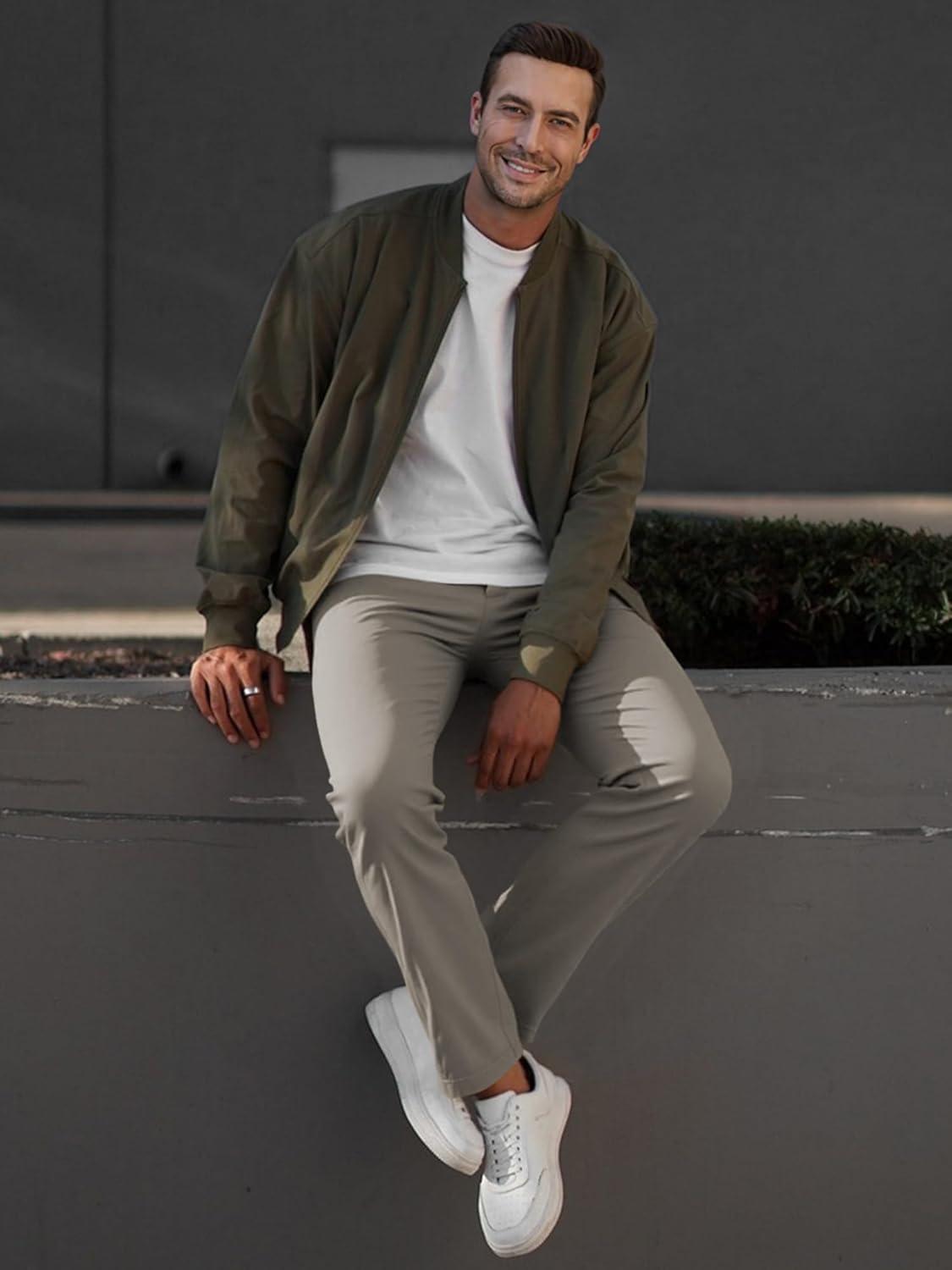 imageJMIERR Mens Chino Pants Casual Stretch Waist Tapered Trousers with PocketsGrey