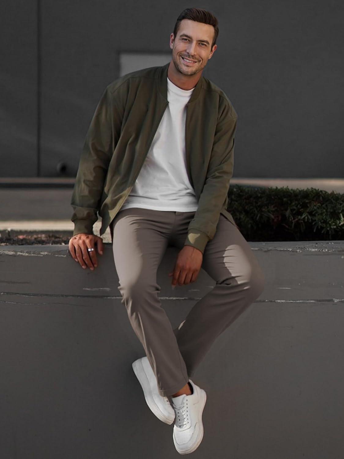 imageJMIERR Mens Chino Pants Casual Stretch Waist Tapered Trousers with PocketsGreyish Brown