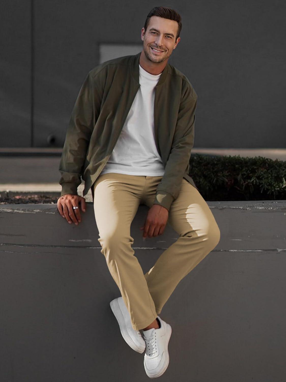 imageJMIERR Mens Chino Pants Casual Stretch Waist Tapered Trousers with PocketsLight Khaki