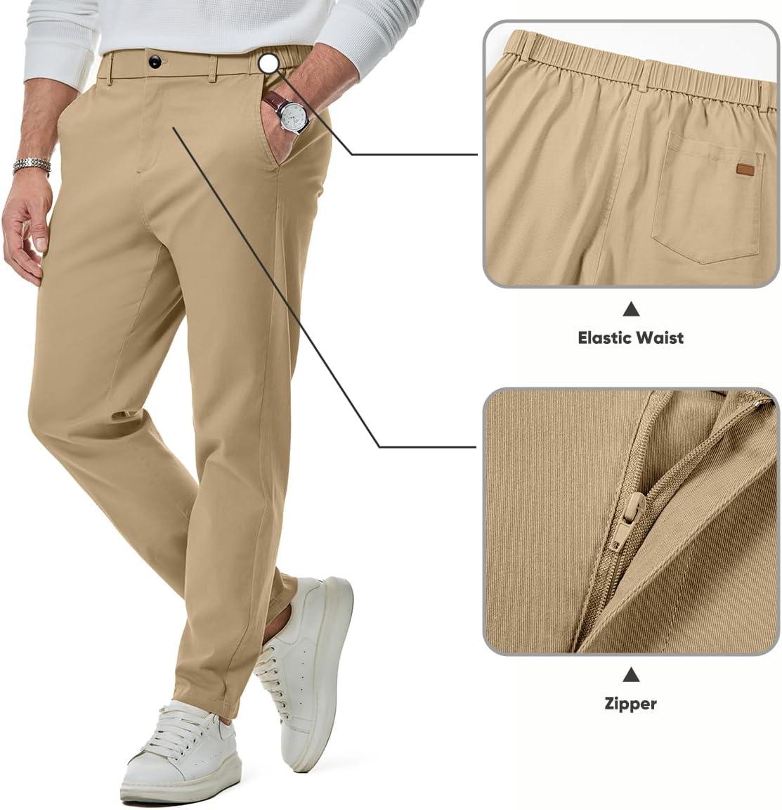 imageJMIERR Mens Chino Pants Casual Stretch Waist Tapered Trousers with PocketsLight Khaki