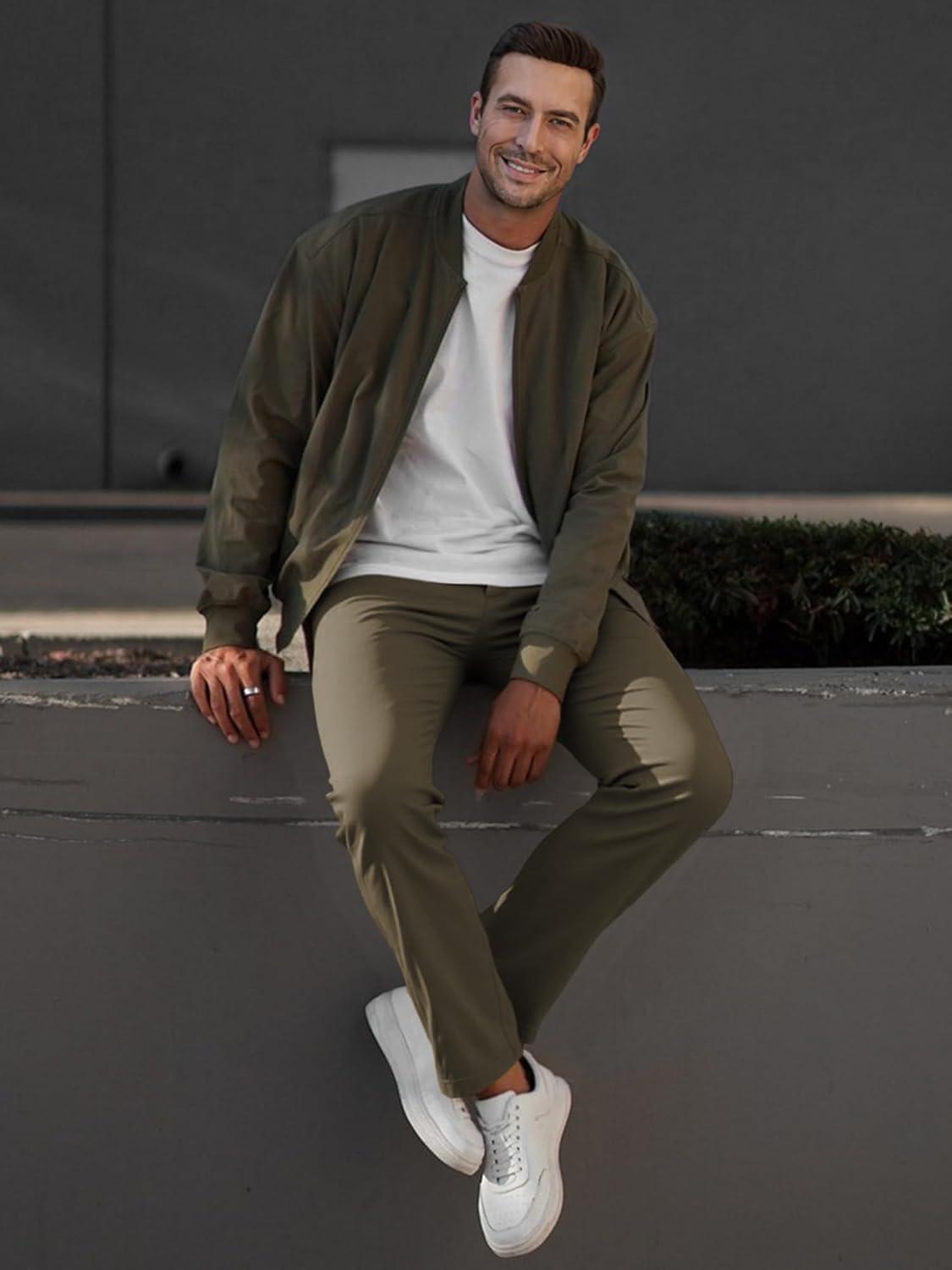 imageJMIERR Mens Chino Pants Casual Stretch Waist Tapered Trousers with PocketsMoss Green