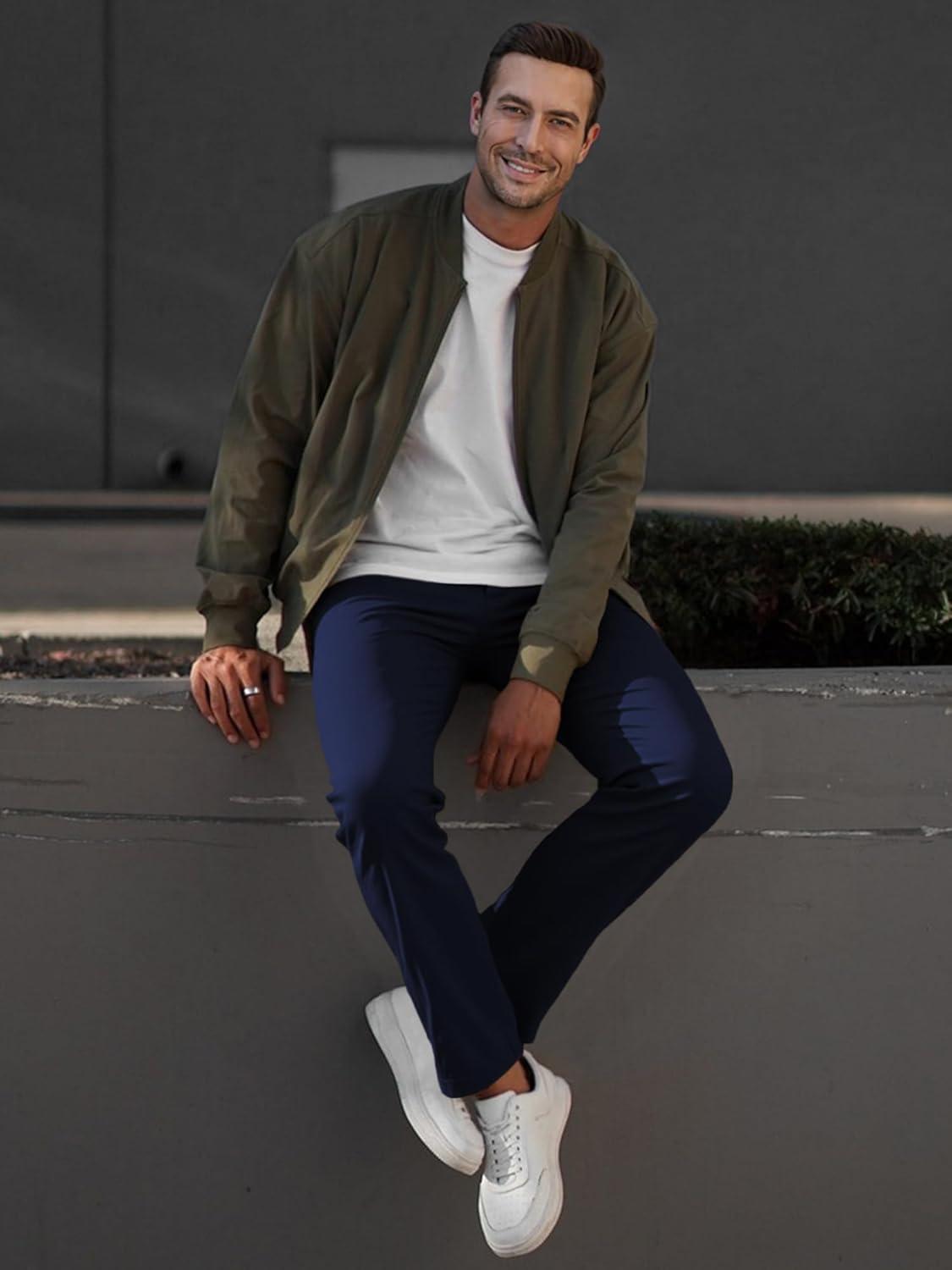 imageJMIERR Mens Chino Pants Casual Stretch Waist Tapered Trousers with PocketsNavy Blue