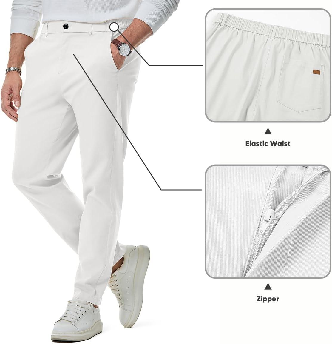 imageJMIERR Mens Chino Pants Casual Stretch Waist Tapered Trousers with PocketsWhite