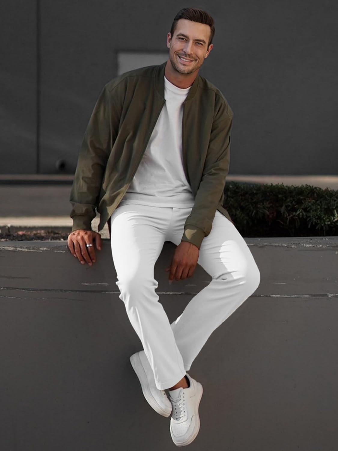 imageJMIERR Mens Chino Pants Casual Stretch Waist Tapered Trousers with PocketsWhite