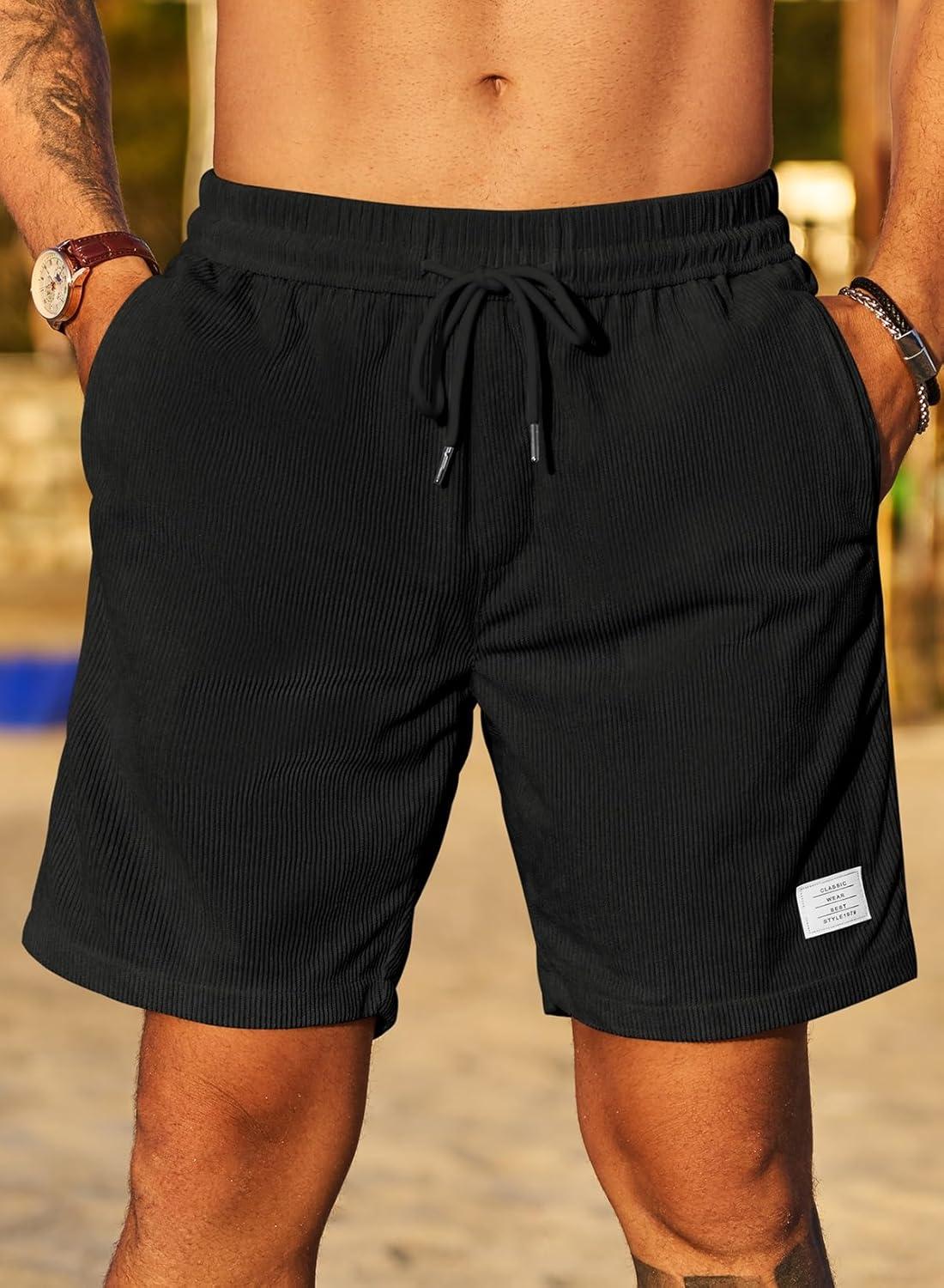 imageJMIERR Mens Corduroy Shorts Casual Elastic Waist Drawstring Lightweight Summer Beach ShortsA1 Black