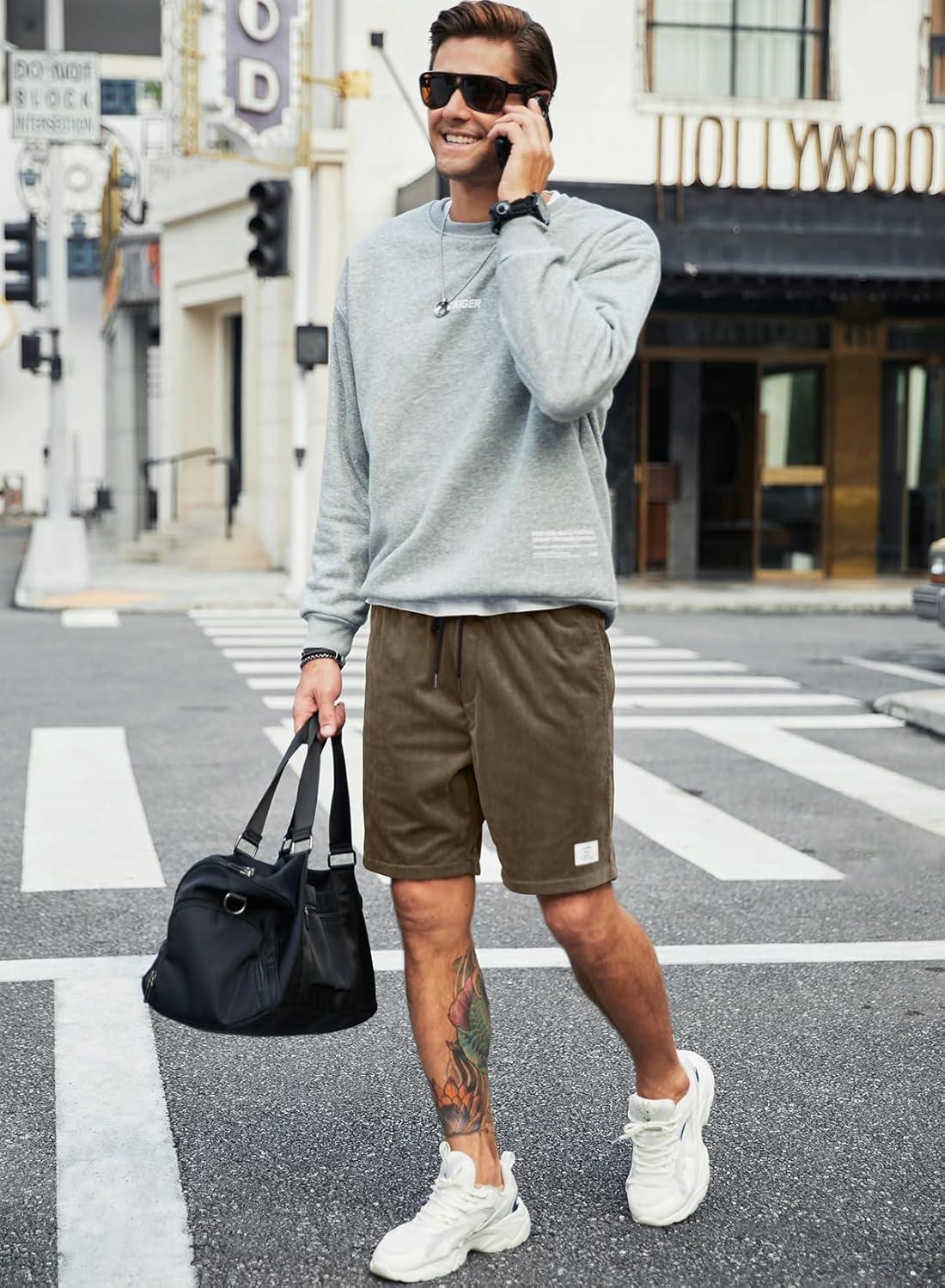 imageJMIERR Mens Corduroy Shorts Casual Elastic Waist Drawstring Lightweight Summer Beach ShortsA2 Desert Palm