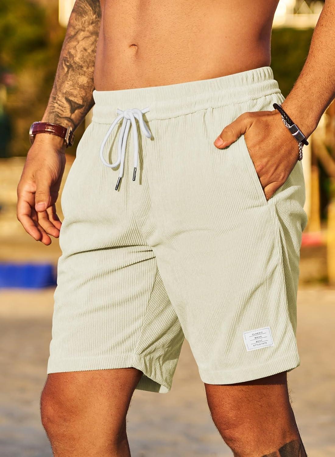 imageJMIERR Mens Corduroy Shorts Casual Elastic Waist Drawstring Lightweight Summer Beach ShortsA3 Beige