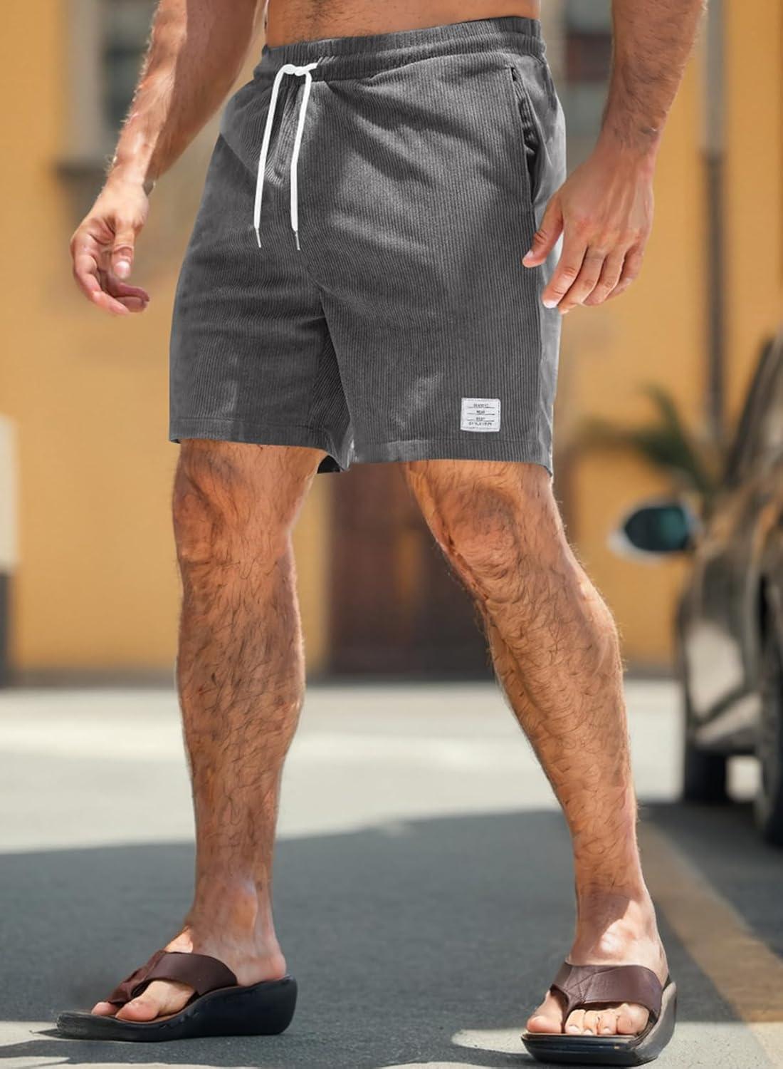 imageJMIERR Mens Corduroy Shorts Casual Elastic Waist Drawstring Lightweight Summer Beach ShortsA3 Dark Grey