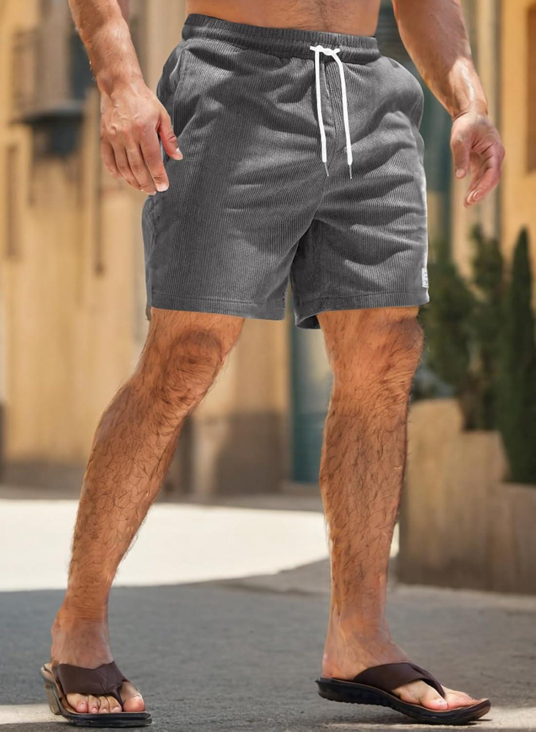 imageJMIERR Mens Corduroy Shorts Casual Elastic Waist Drawstring Lightweight Summer Beach ShortsA3 Dark Grey